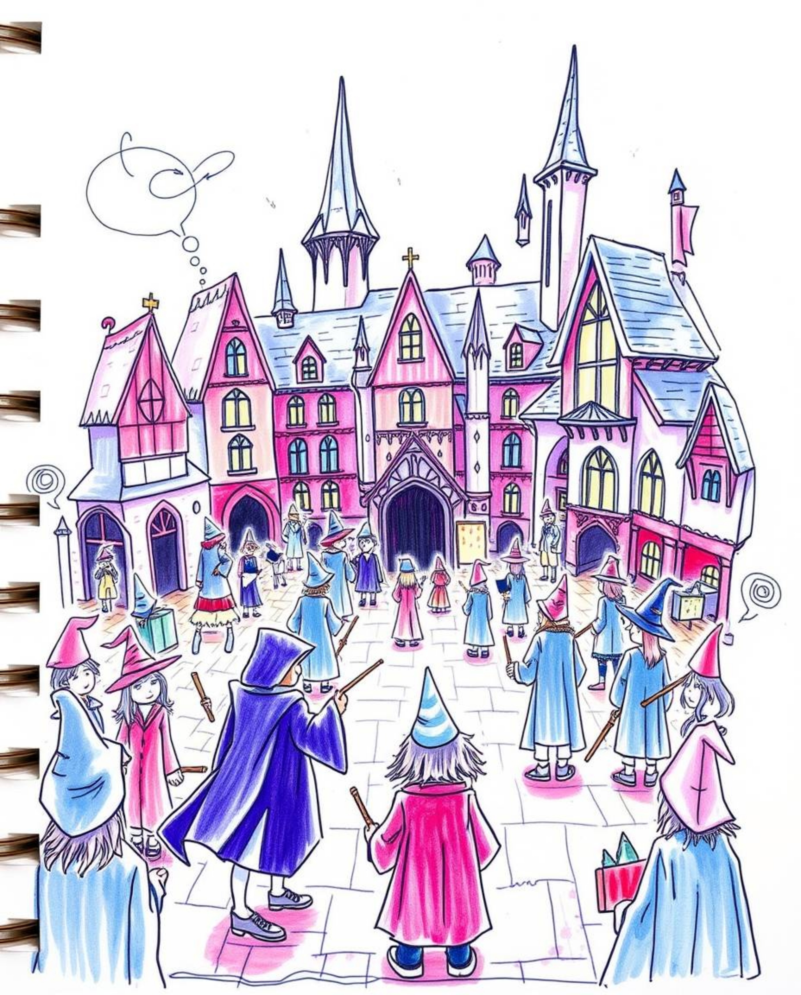 Explore a vibrant, hand-drawn color sketchnote depicting a magical school teeming with young wizards. This whimsical illustra