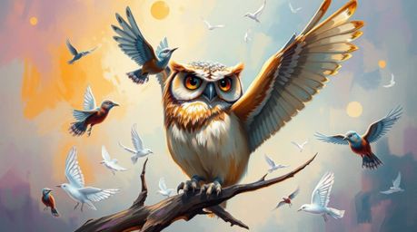 A vibrant acrylic painting in Pixar style depicts a blind owl, gazing into the wind with inner vision, teaching birds to fly 