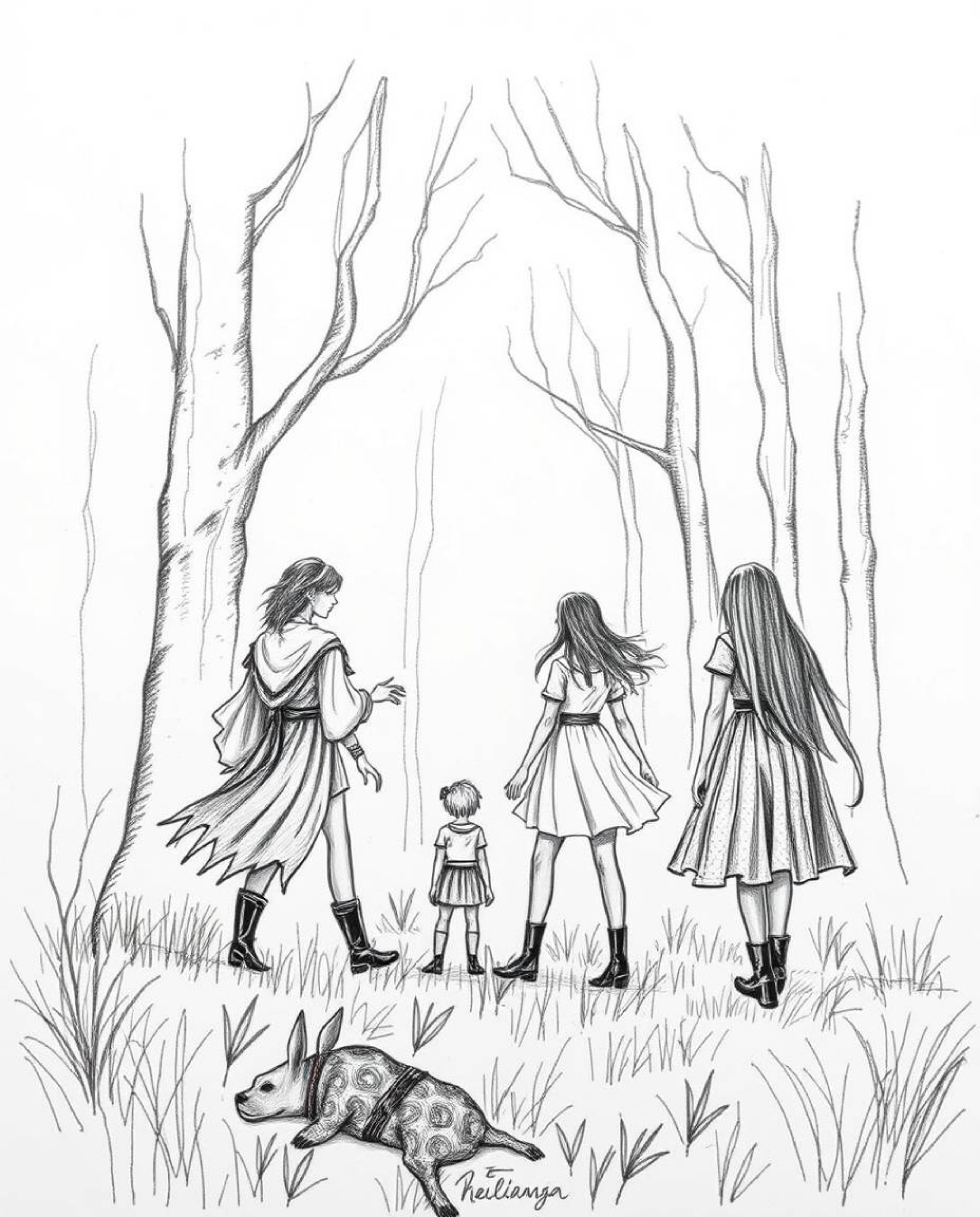 Discover a captivating hand-drawn sketch depicting a group of friends with unique powers exploring a mystical forest.  The ar