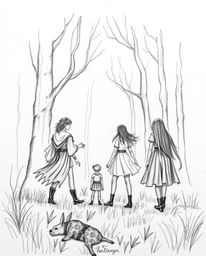 Discover a captivating hand-drawn sketch depicting a group of friends with unique powers exploring a mystical forest.  The ar