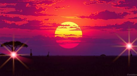 Experience a breathtaking isekai anime-style sunset over a sprawling savanna, where silhouetted giraffes graze against a back