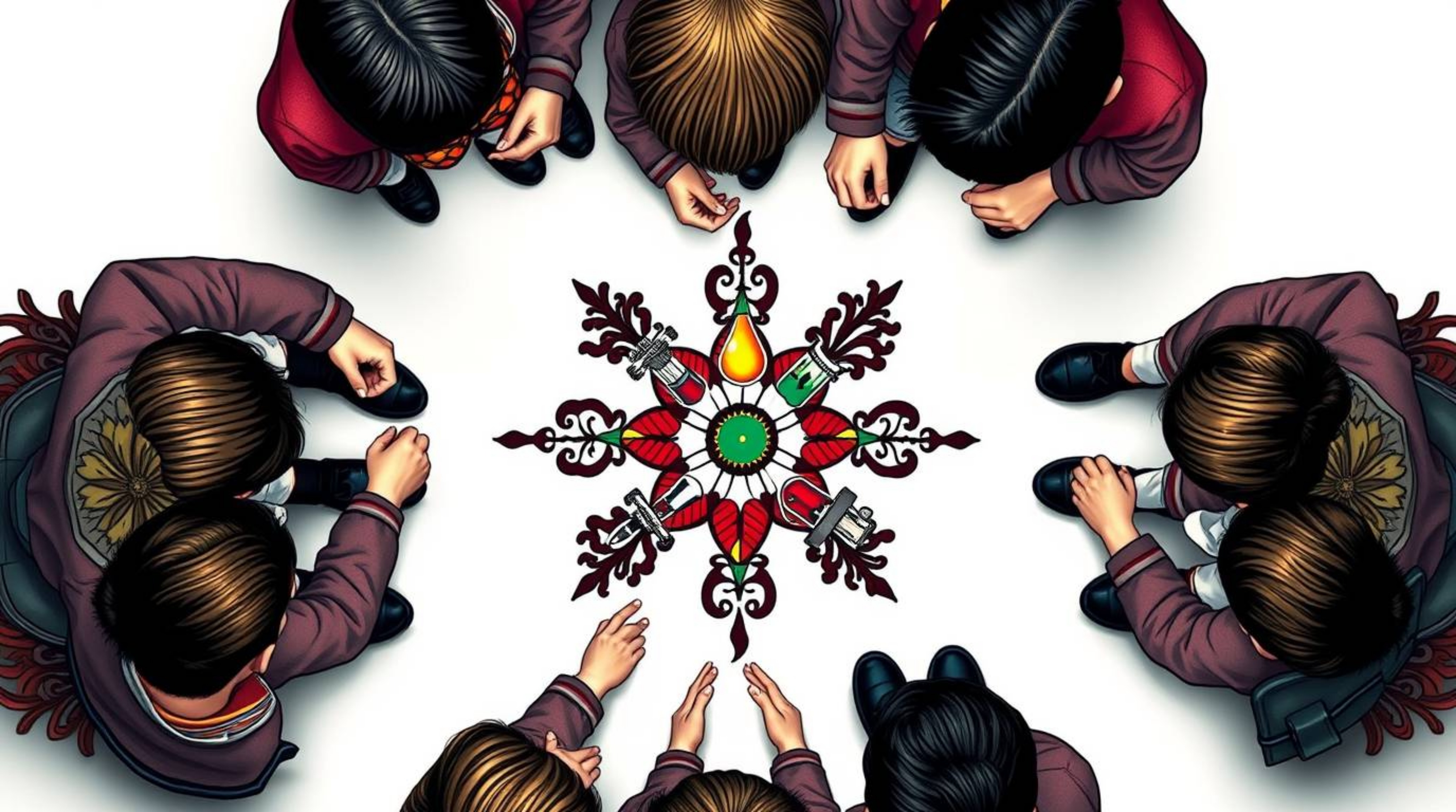 Overhead bird's eye view art print showcasing symbolic traditional tattoo art with vibrant colors and a retro flair. The desi