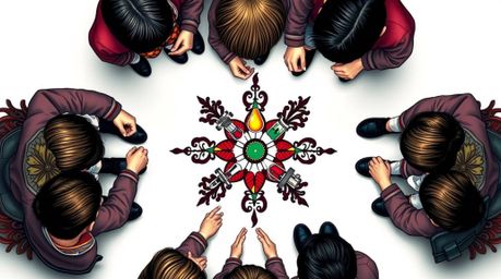 Overhead bird's eye view art print showcasing symbolic traditional tattoo art with vibrant colors and a retro flair. The desi