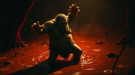 A captivating image of a richly detailed ogre performing a vibrant dance within a swampy environment.  The artwork utilizes s
