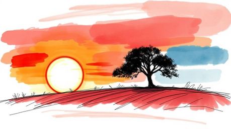 A hand-drawn sketch depicting a lone tree silhouetted against a vibrant, fiery sunset on a hill. The artwork utilizes rich bu