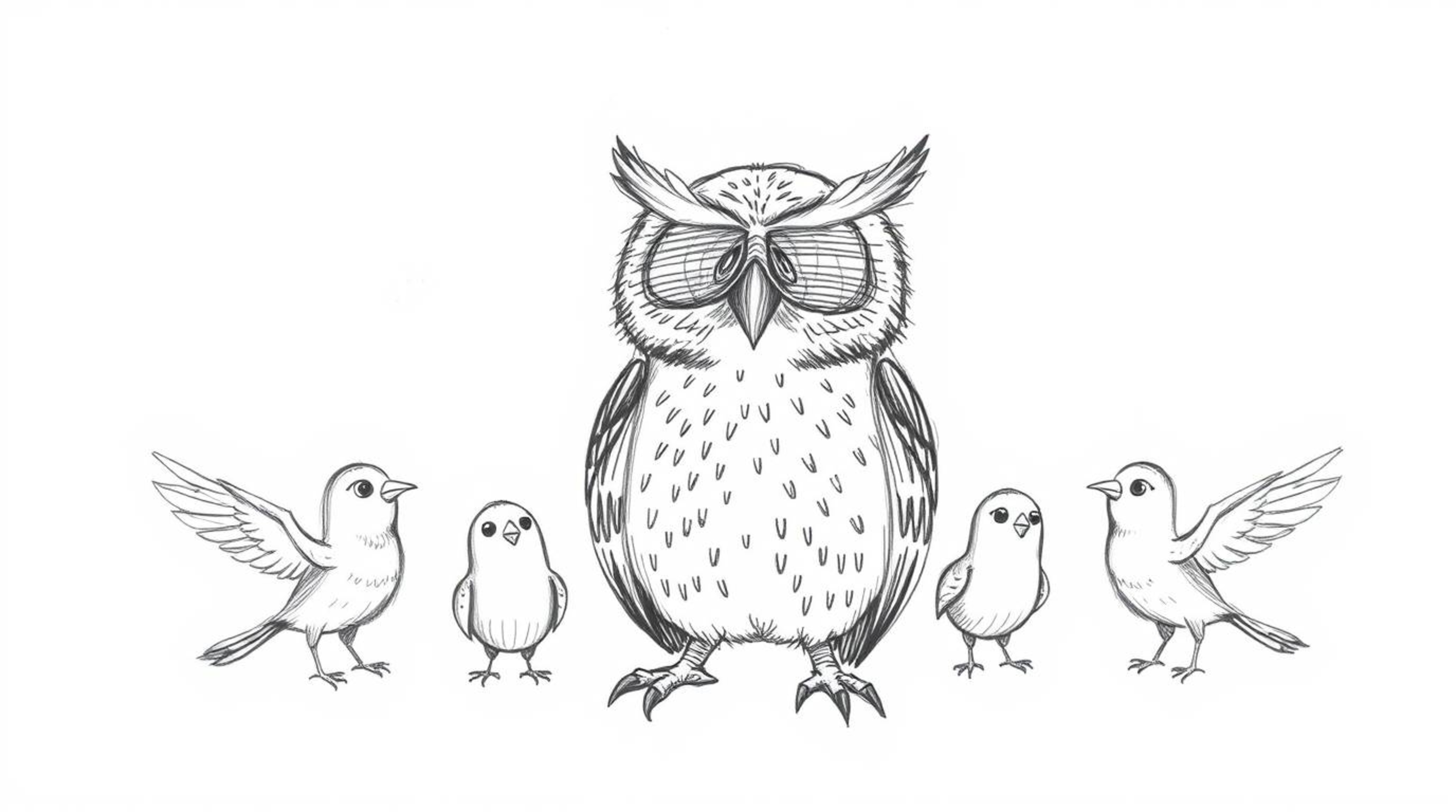 A heartwarming hand-drawn sketch depicts a blind owl with a kind expression, rendered in a soft, detailed Pixar animation sty