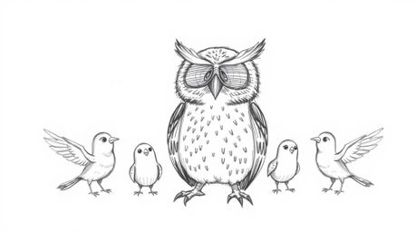 A heartwarming hand-drawn sketch depicts a blind owl with a kind expression, rendered in a soft, detailed Pixar animation sty