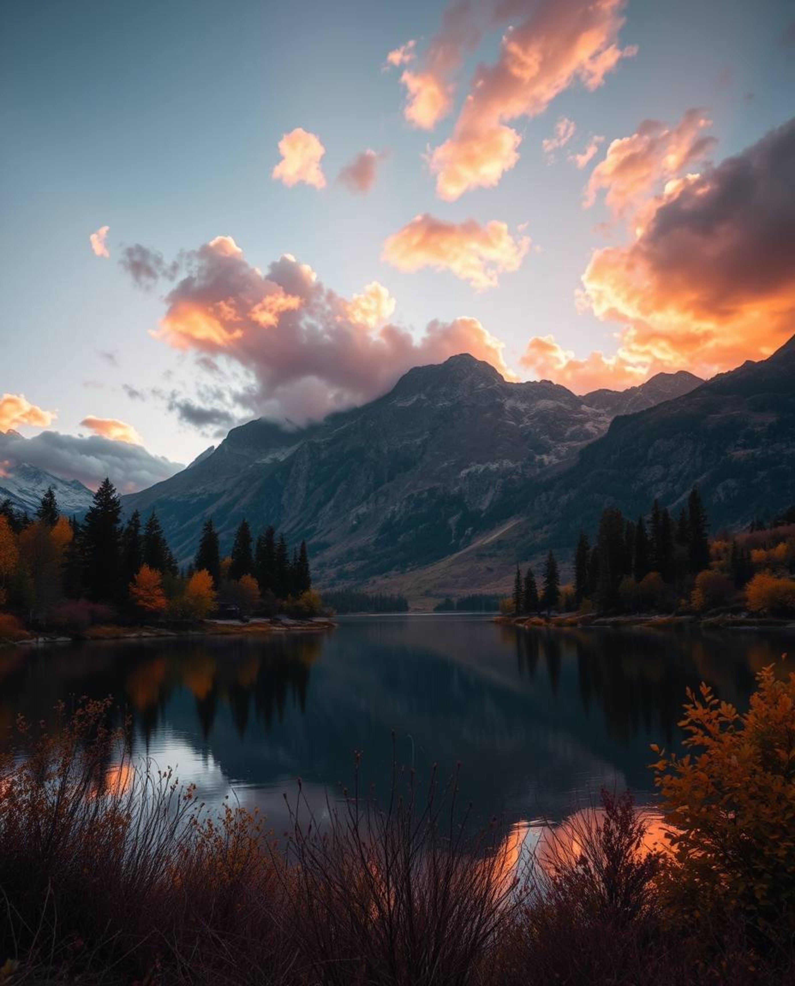 A photograph captures warm autumnal colors and the gentle soft light of fiery clouds reflecting in a mountain lake. The scene