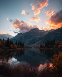 A photograph captures warm autumnal colors and the gentle soft light of fiery clouds reflecting in a mountain lake. The scene