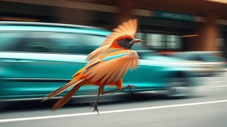 This architectural color photograph captures the dynamic energy of a fast-running bird zooming past urban traffic. The image 