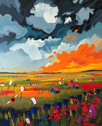 A bold acrylic painting showcasing a vibrant battlefield, complete with textured brushstrokes and a dramatic, stormy sky. Thi