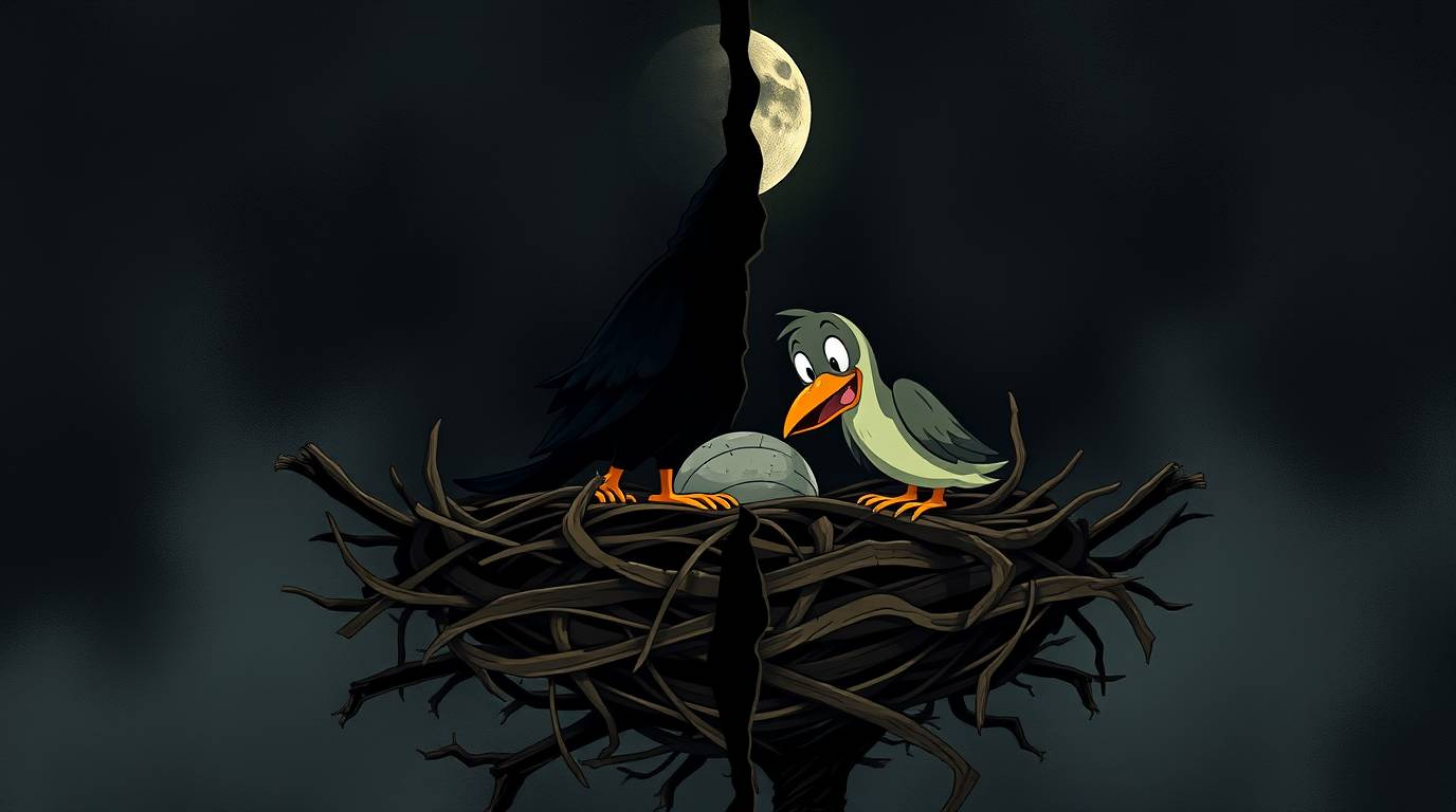 A captivating split composition animation showcases two cartoon birds meticulously constructing a nest.  The classic animatio