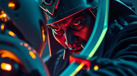 Experience a tight close-up photograph depicting a samurai with striking features and dark skin locked in a fierce battle aga