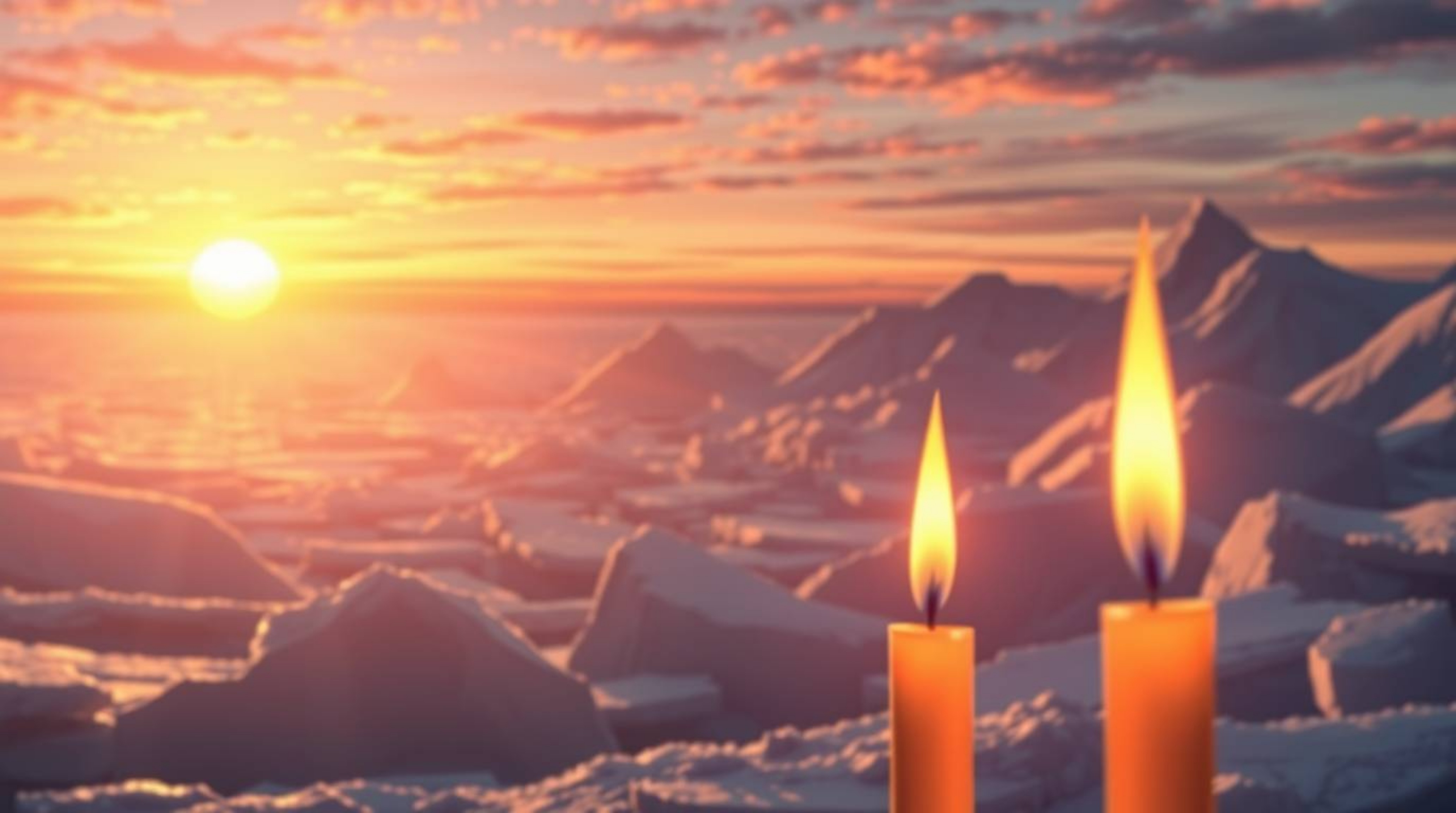 Experience a breathtaking isekai anime close-up depicting a serene sunset over icy polar glaciers, illuminated by the warm gl