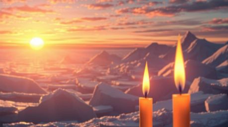Experience a breathtaking isekai anime close-up depicting a serene sunset over icy polar glaciers, illuminated by the warm gl