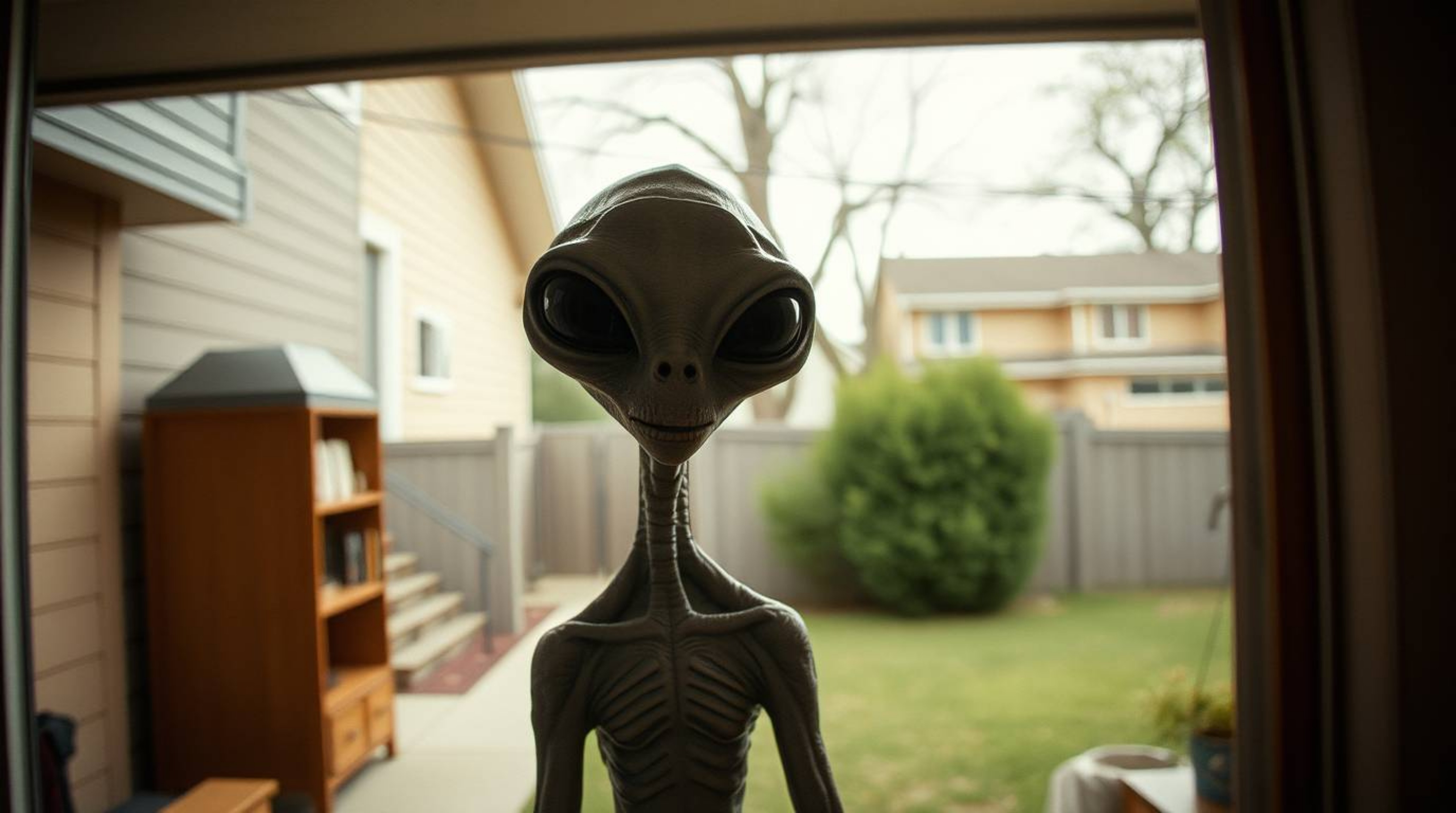 Candid street photography featuring an alien subject within the unexpected setting of a suburban house. The images leverage n