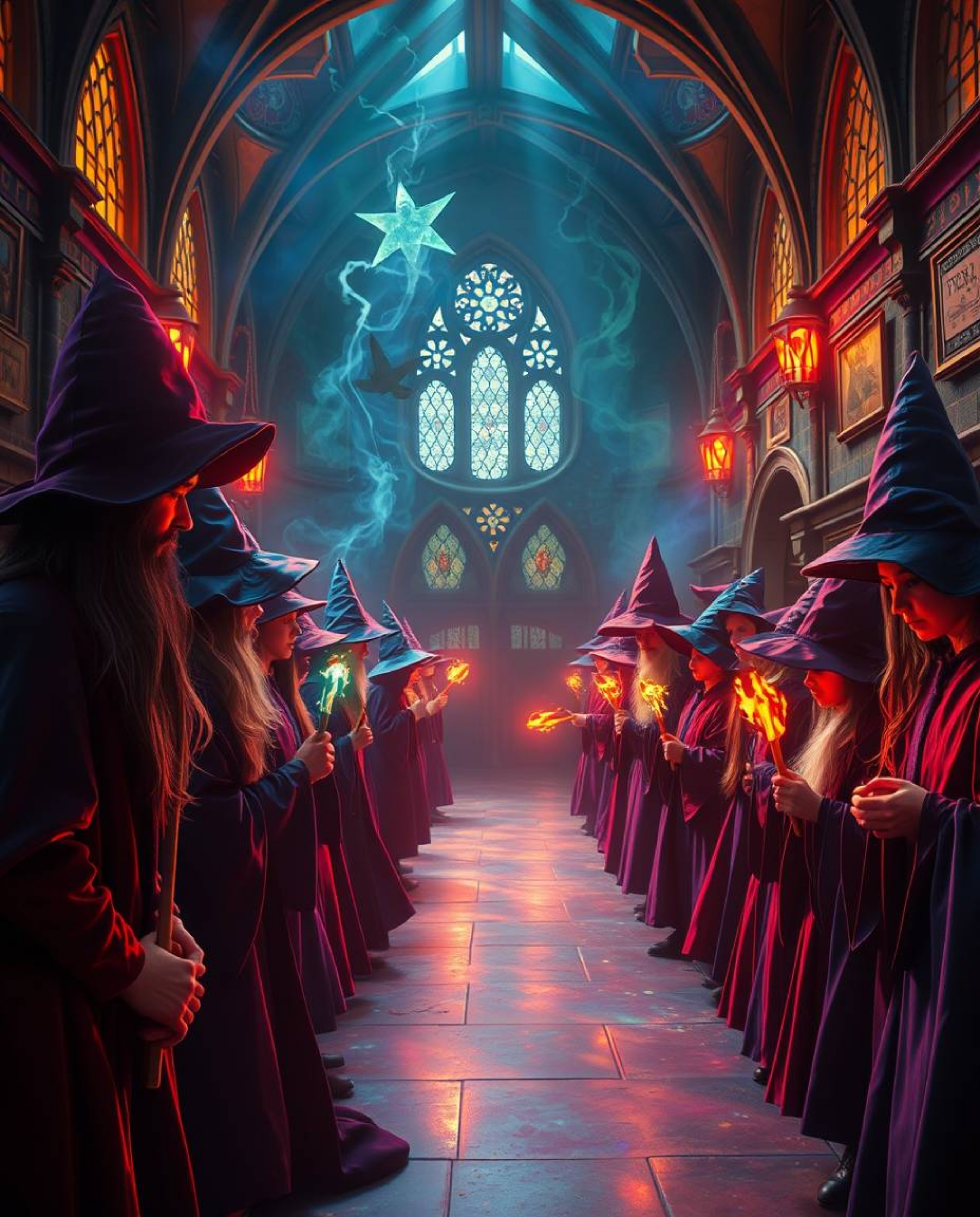 Explore a magical school brimming with young wizards, rendered in electric, vivid colors under strong, hard light casting dir