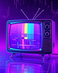 Explore a futuristic sci-fi illustration featuring a retro-styled TV screen displaying glitch static with RGB separation. Ren