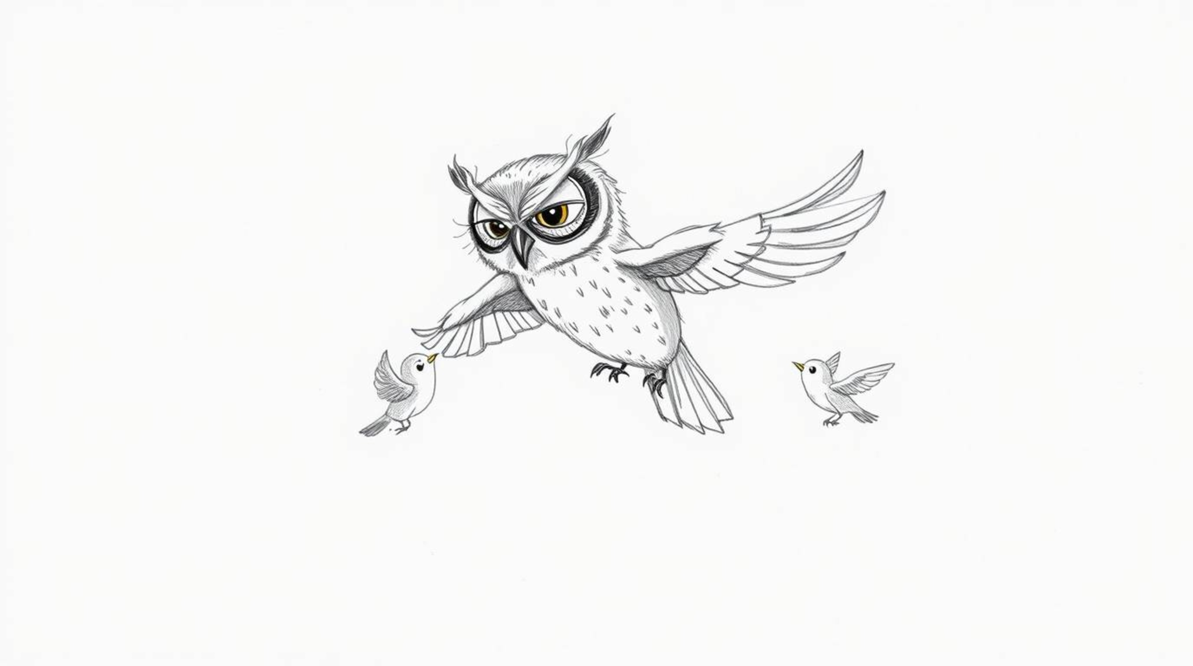 A charming hand-drawn sketch in the style of Pixar, depicting a blind owl with expressive eyes patiently teaching small birds