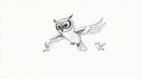 A charming hand-drawn sketch in the style of Pixar, depicting a blind owl with expressive eyes patiently teaching small birds