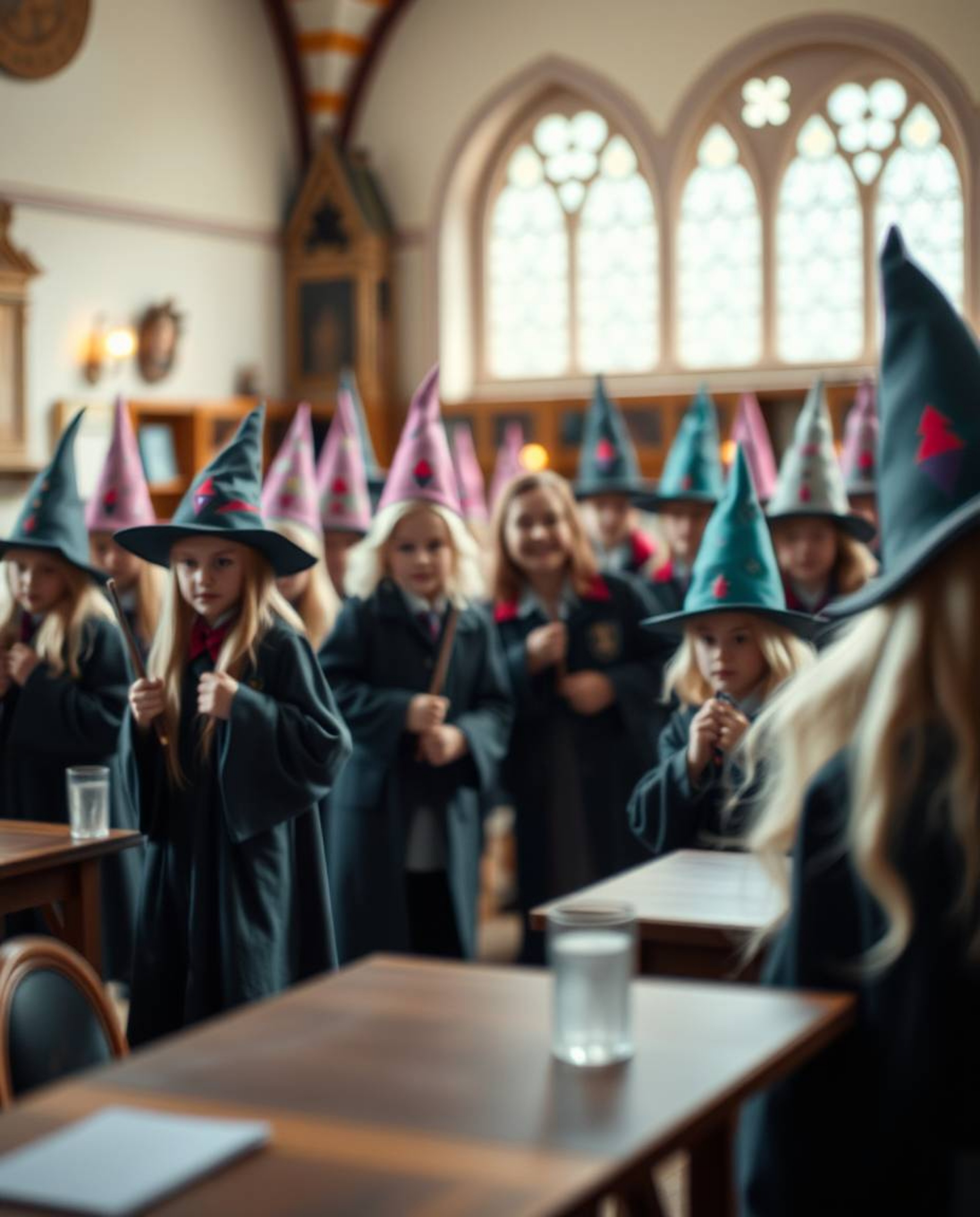 Explore a magical school teeming with young wizards, bathed in soft pastel colors and a gentle, soothing atmosphere. The scen