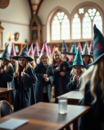Explore a magical school teeming with young wizards, bathed in soft pastel colors and a gentle, soothing atmosphere. The scen