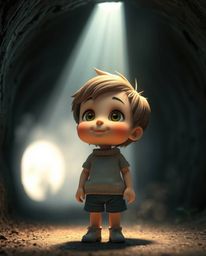 A captivating volumetric light painting captures an adorable person standing at a tunnel entrance, gazing at mesmerizing ligh