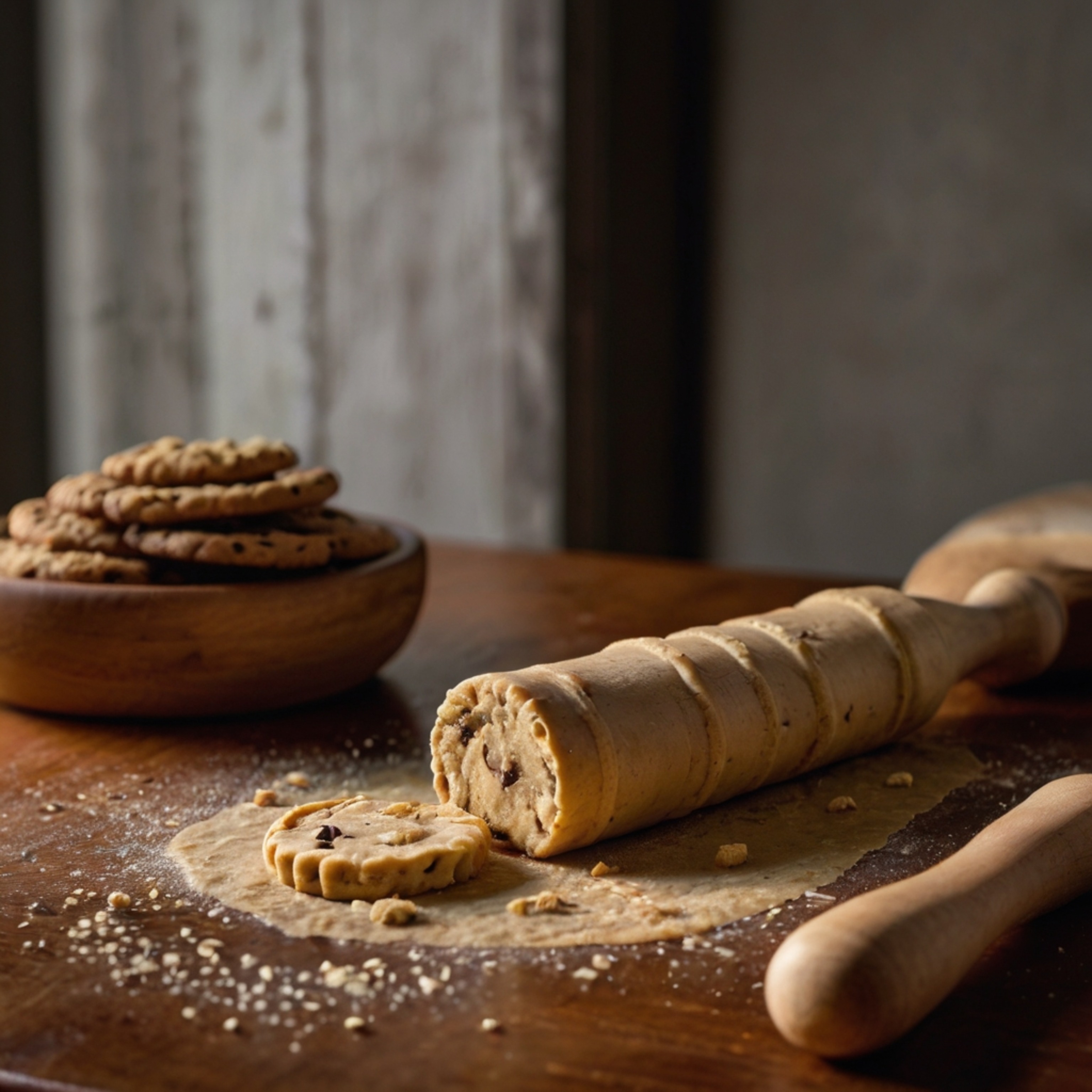 Capture the essence of homemade baking with a traditional wooden rolling pin positioned next to a fresh batch of cookie dough