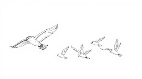 A charming Pixar-style sketch depicts a blind owl leading a synchronized, harmonious flight of birds. The hand-drawn illustra