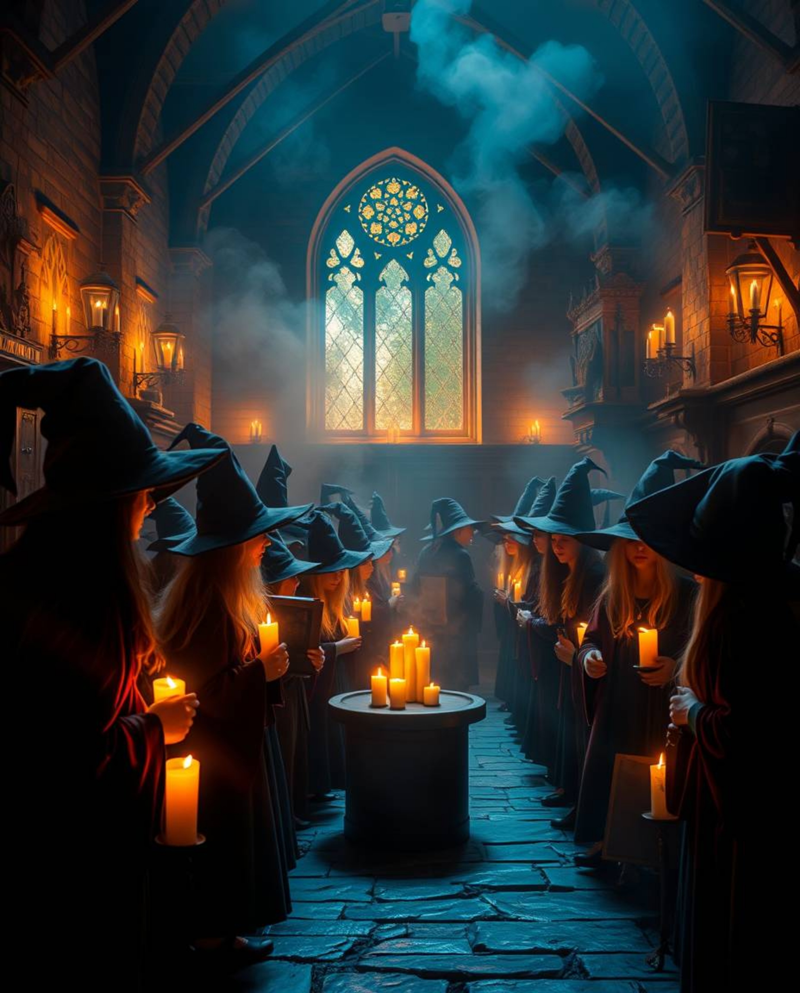 Step into a magical school brimming with young wizards, bathed in the warm glow of candlelight.  Experience a soft, dreamy at
