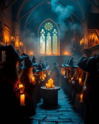 Step into a magical school brimming with young wizards, bathed in the warm glow of candlelight.  Experience a soft, dreamy at