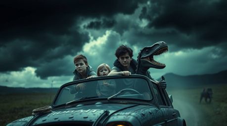 A captivating image depicting a prehistoric family with strong features riding a dinosaur car under a dramatically stormy, je