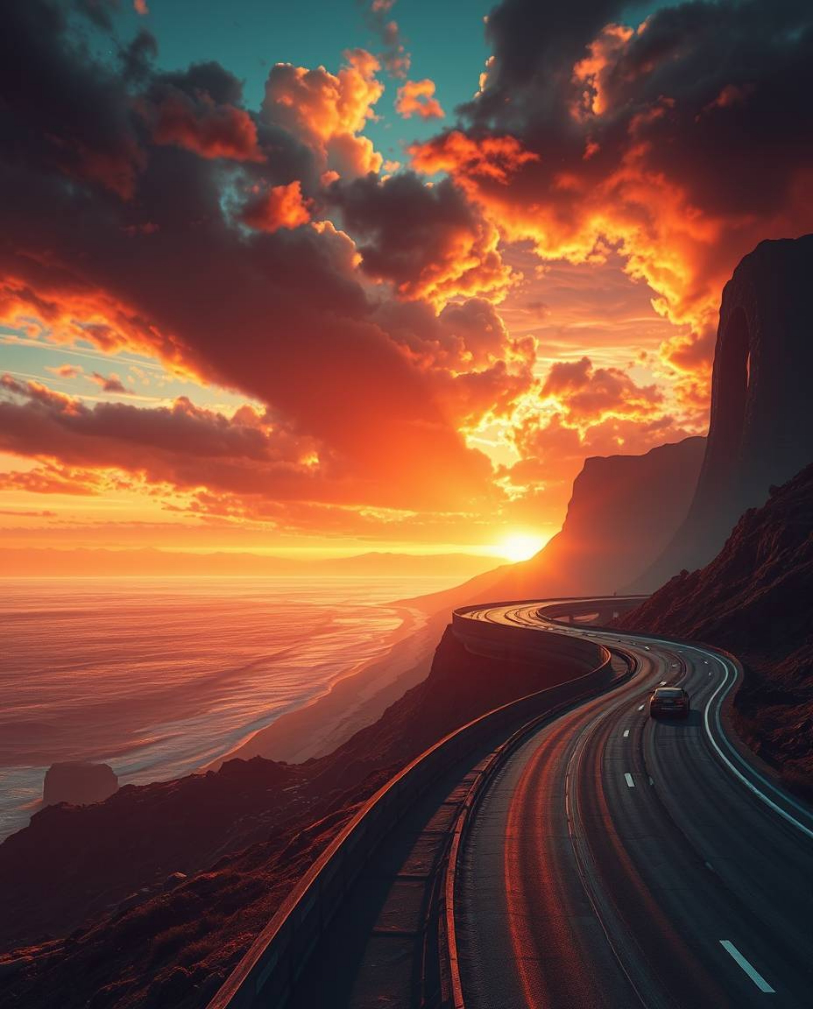 This epic, futuristic sci-fi scene portrays a sunset sky over a winding coastal highway on a massive scale. The artwork is fi