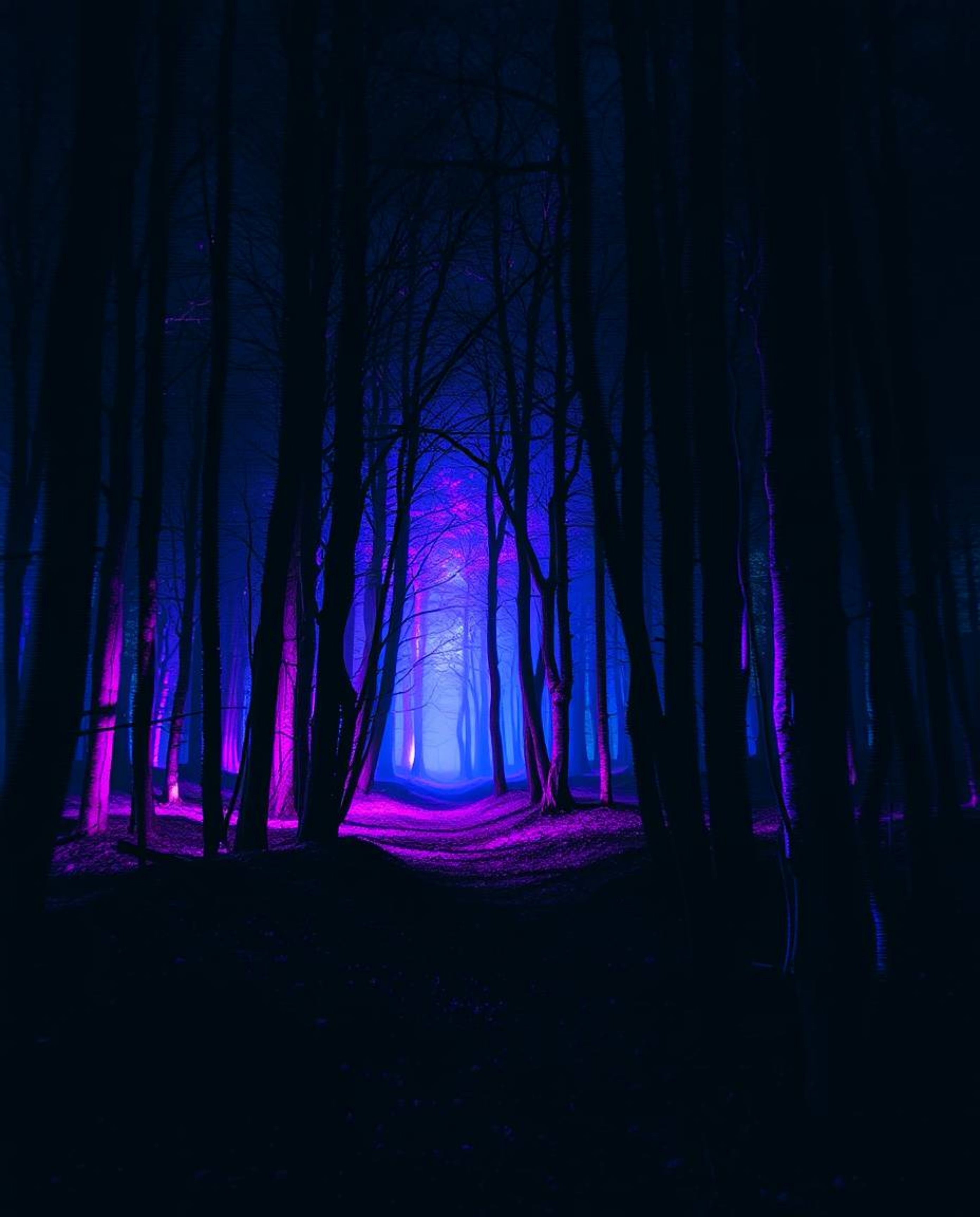 Experience a digitally distorted iridescent forest, where glitches create an eerie and unsettling atmosphere. Dark tones and 