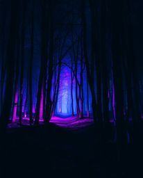 Experience a digitally distorted iridescent forest, where glitches create an eerie and unsettling atmosphere. Dark tones and 