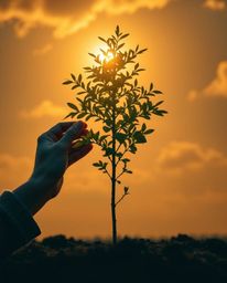 A high-resolution stock photo depicting hands planting a tree beneath a breathtaking golden sky with rich, deep teal hues. Th