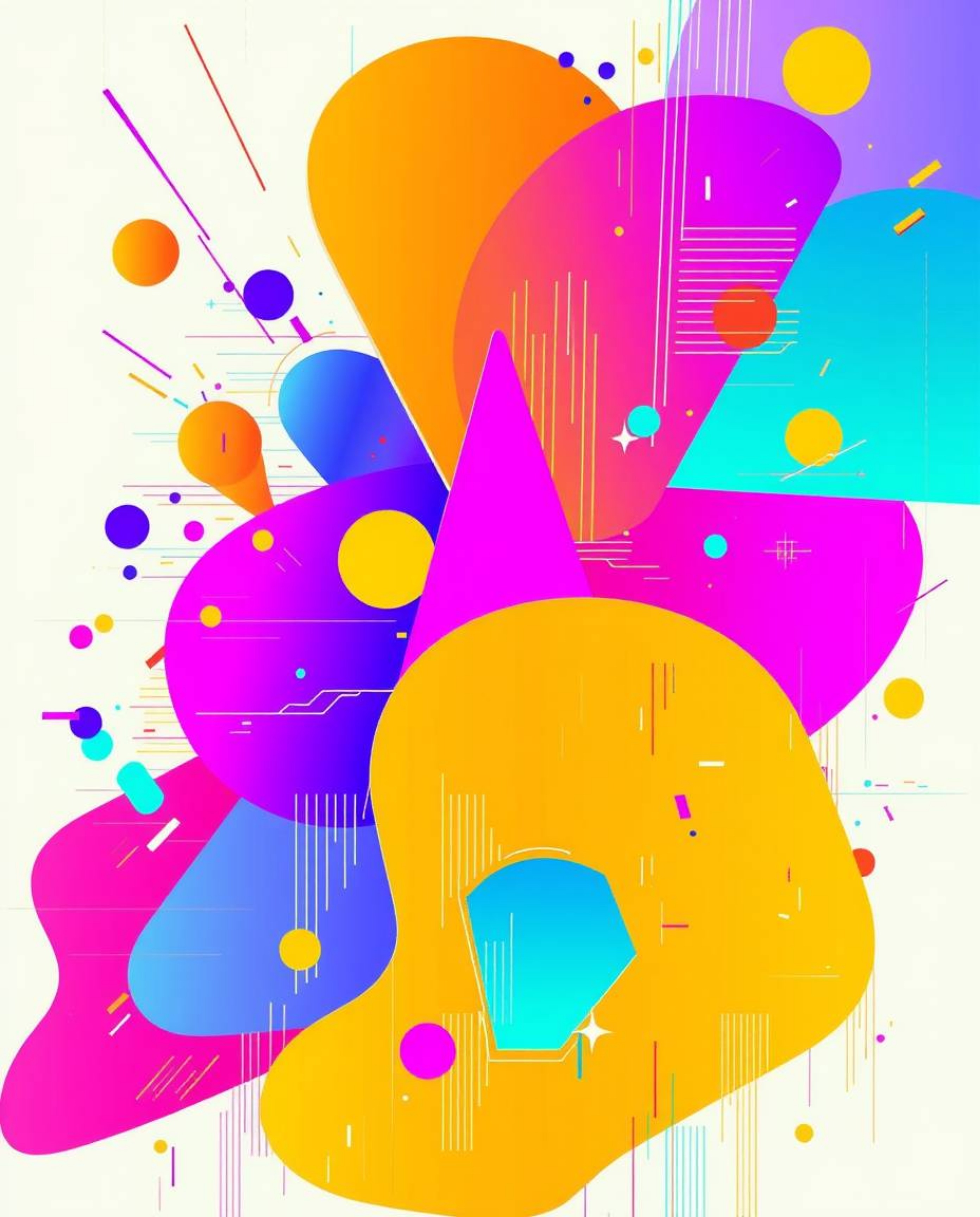 A vibrant digital illustration showcasing abstract shapes is brought to life with glitch effects, fragmentation, and scanline