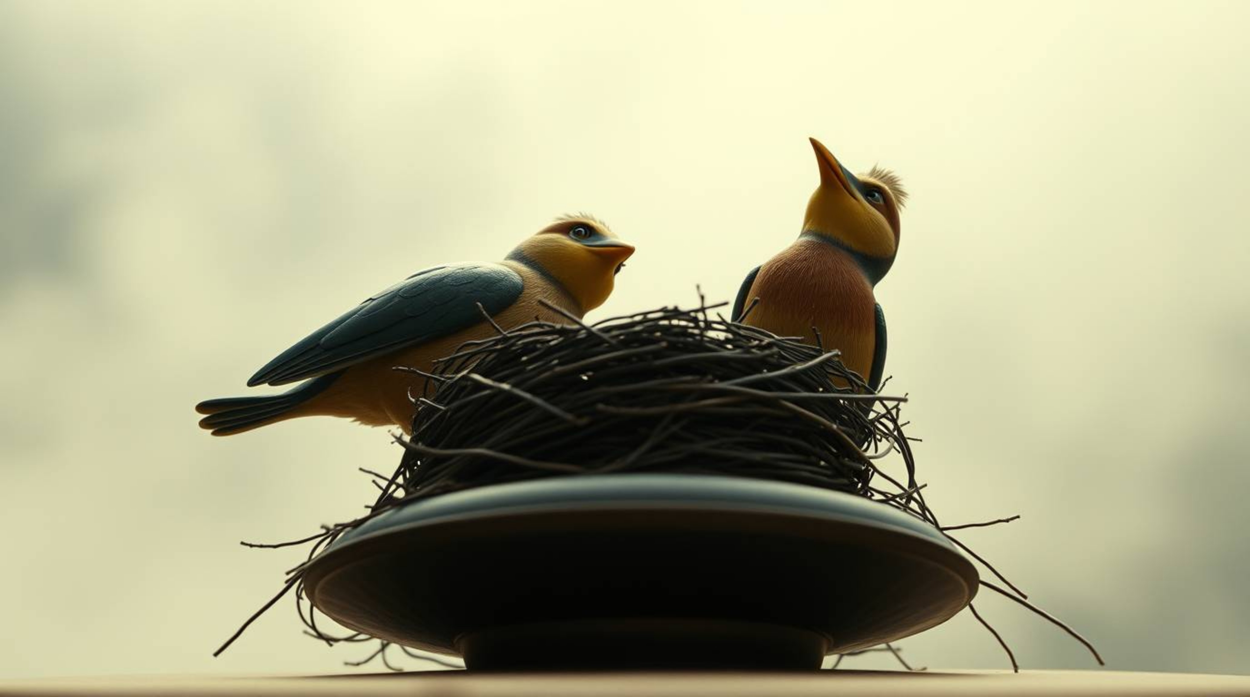 A soft, cinematic image featuring a cast bronze surface with two cartoon birds building a nest in a classic animation style.