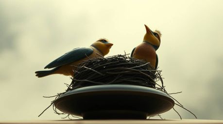 A soft, cinematic image featuring a cast bronze surface with two cartoon birds building a nest in a classic animation style.