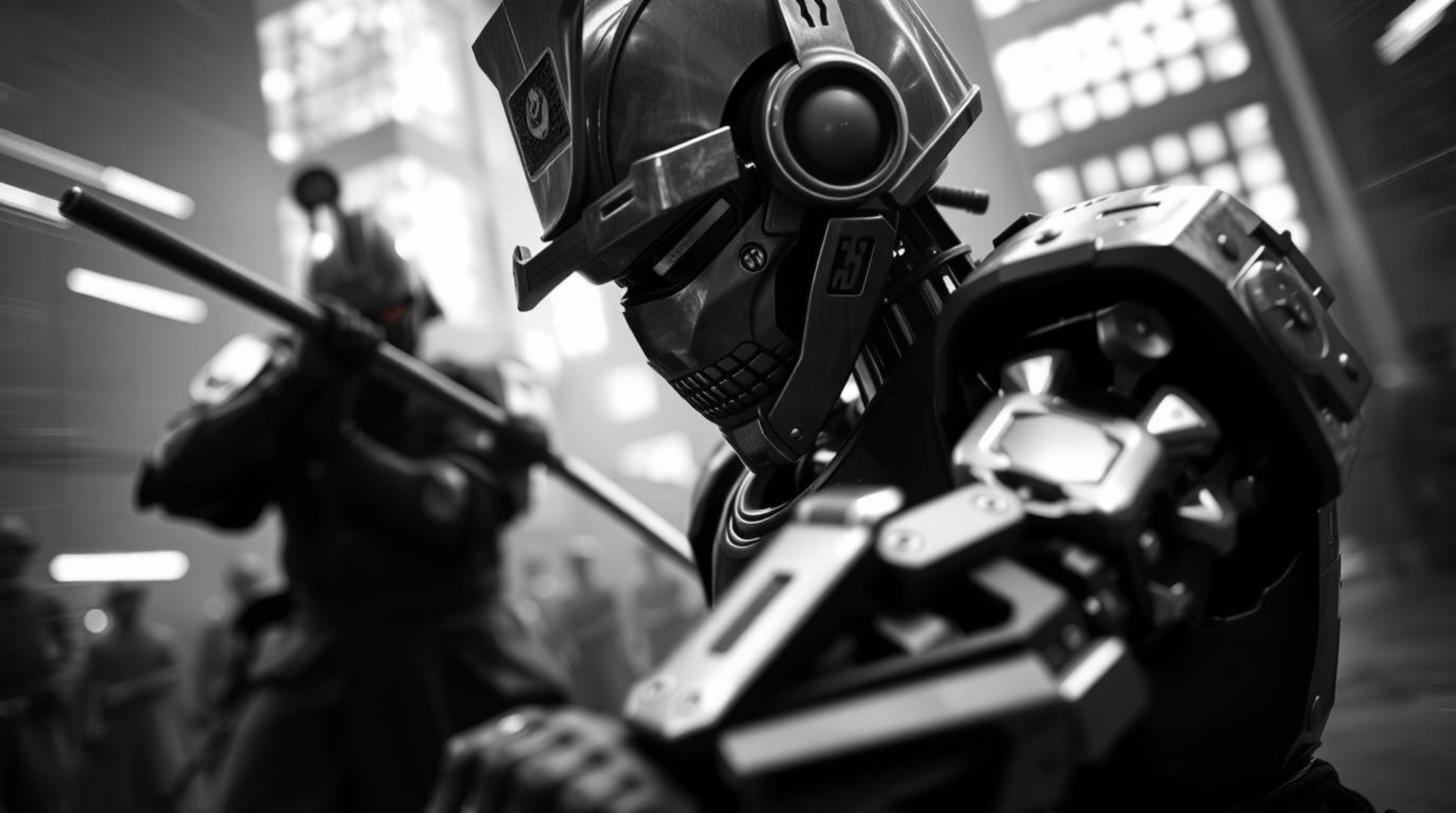 Explore a striking macro close-up photograph depicting a timeless battle between a samurai and a robot in a dystopian world. 