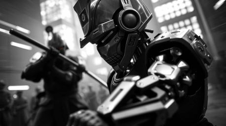 Explore a striking macro close-up photograph depicting a timeless battle between a samurai and a robot in a dystopian world. 