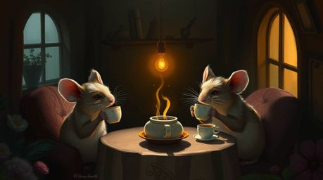 A captivating digital painting depicts anthropomorphic mice enjoying a delightful tea party within a cozy cottage. The artwo