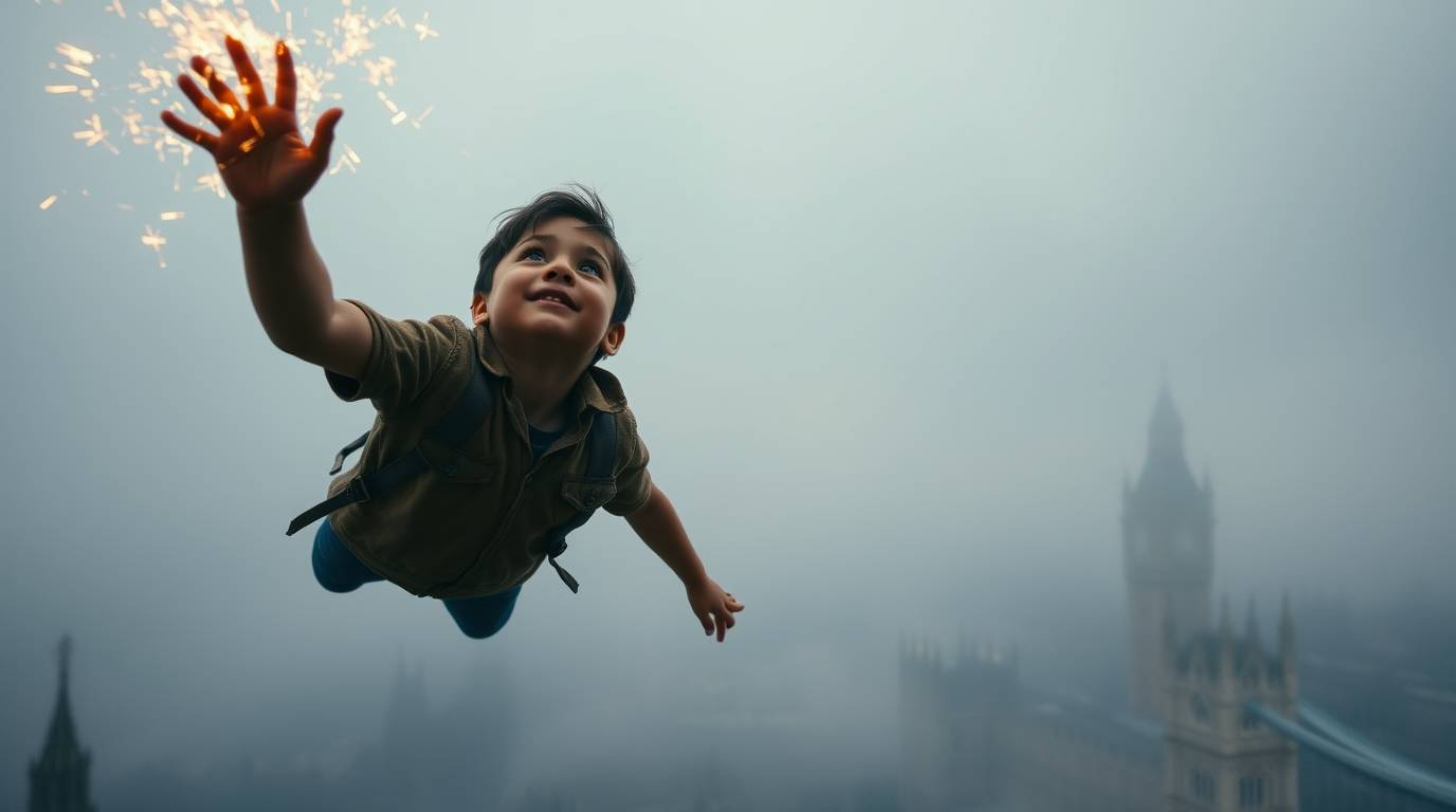 A low-angle shot captures a young boy with tan skin soaring above a London shrouded in thick fog, propelled by radiant pixie 