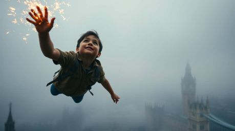 A low-angle shot captures a young boy with tan skin soaring above a London shrouded in thick fog, propelled by radiant pixie 