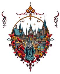 This graceful and elegant tattoo art print depicts a magical school brimming with young wizards. The vibrant colors and retro
