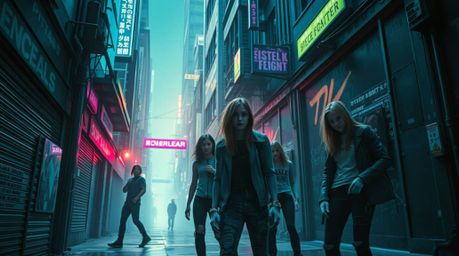 Experience an epic and futuristic photograph showcasing a grungy city alley teeming with rebellious teens. This modern and gr