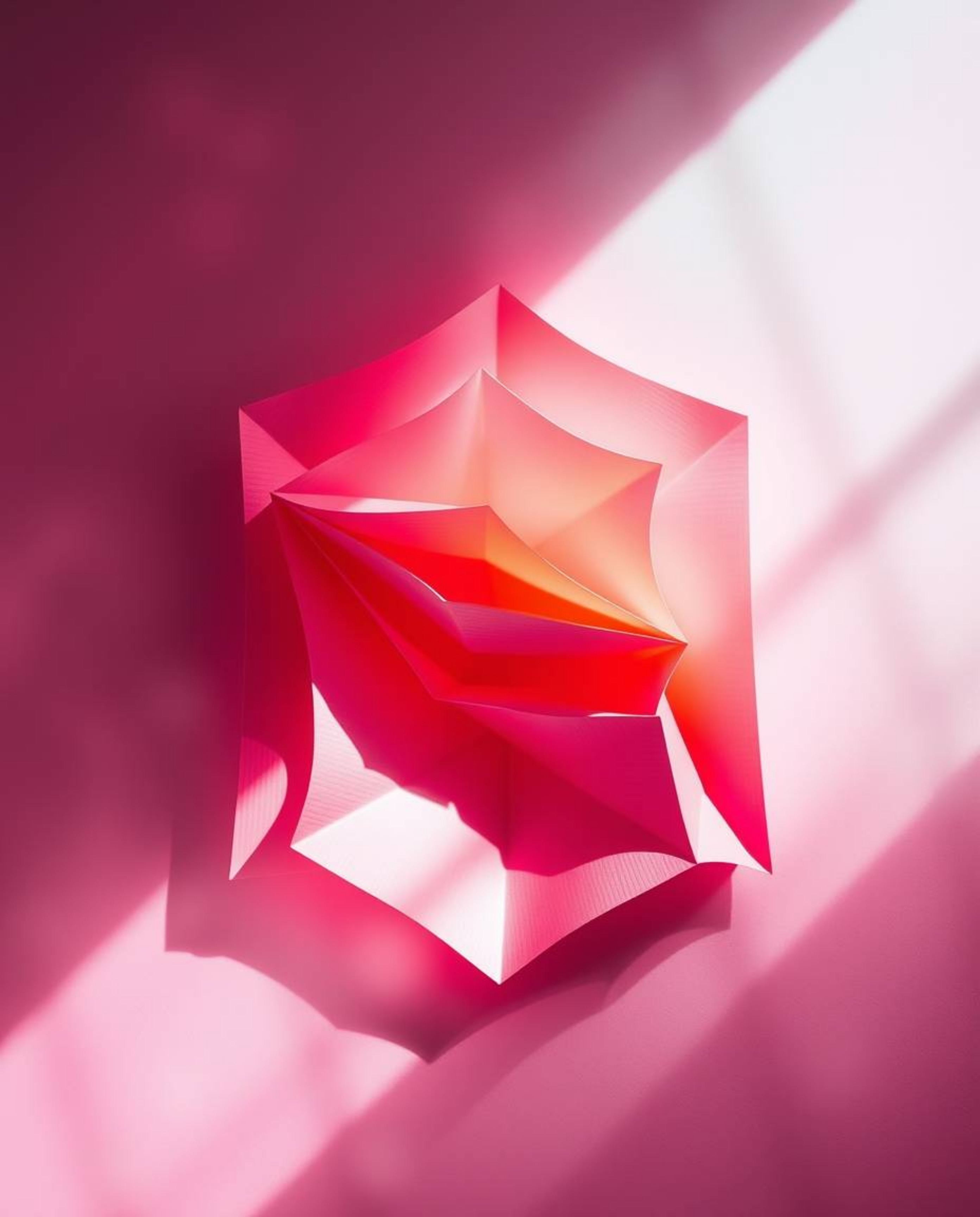 Explore a captivating 3D geometric pattern reminiscent of folded paper, presented in a dreamy atmosphere with vibrant complem