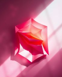 Explore a captivating 3D geometric pattern reminiscent of folded paper, presented in a dreamy atmosphere with vibrant complem