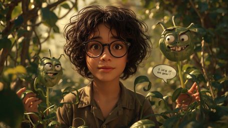 In a cinematic, warm-toned photograph inspired by Pixar's whimsical style, a bright-eyed young genius with curly hair and fre
