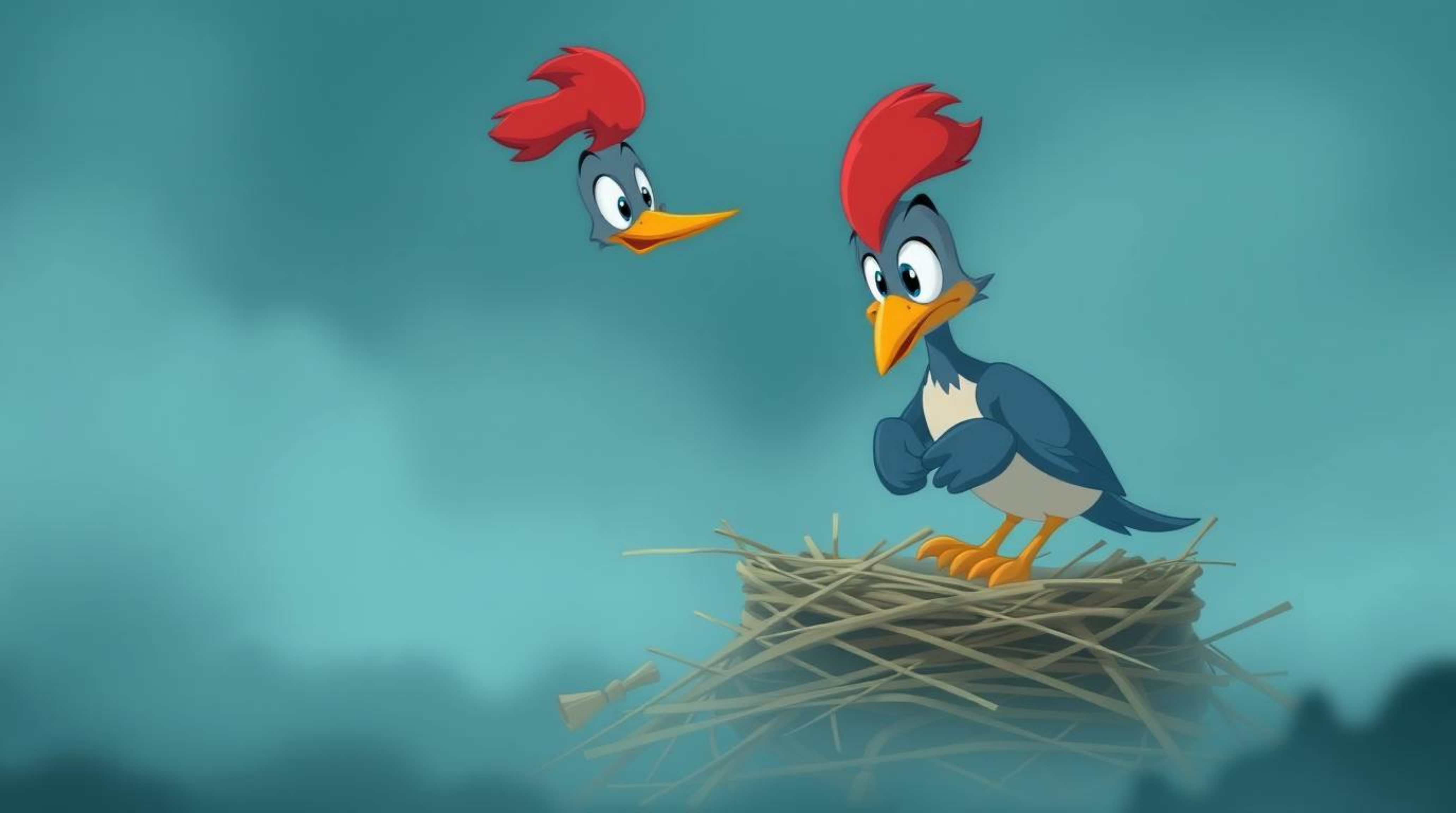 A high-resolution stock photo showcases two cartoon birds diligently building a nest in a charming classic animation style.